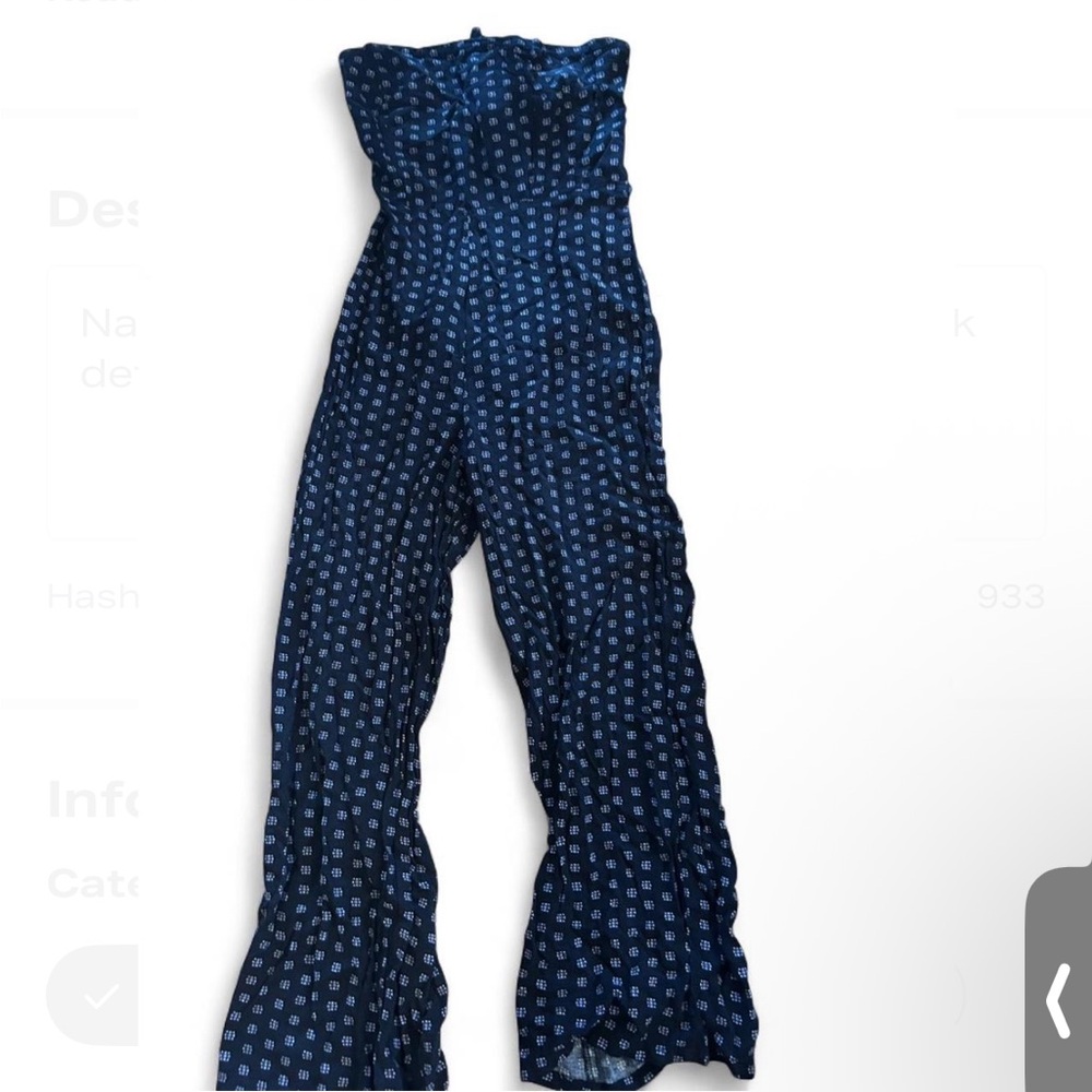 Mimi Chica Dark Blue Patterned Strapless Jumpsuit